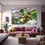 Ein Poster mit einer Hummel, die auf Lavendelblumen hängt.