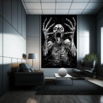 Ein Poster mit einem Zombie, der in Spinnenweben umhüllt ist und schreit.