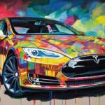 Tesla Model S POPART Ölfarben Poster mit bunten Linien und Formen.