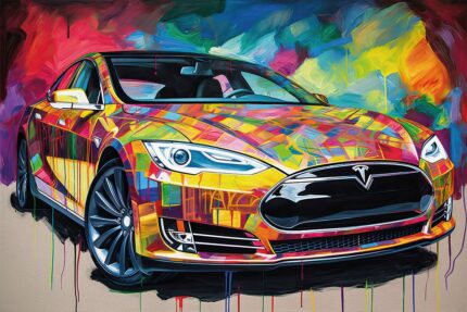 Tesla Model S POPART Ölfarben Poster mit bunten Linien und Formen.