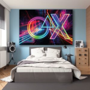 Gamer-Poster in Neonfarben mit Quadrat, Kreis, Dreieck und X Symbol