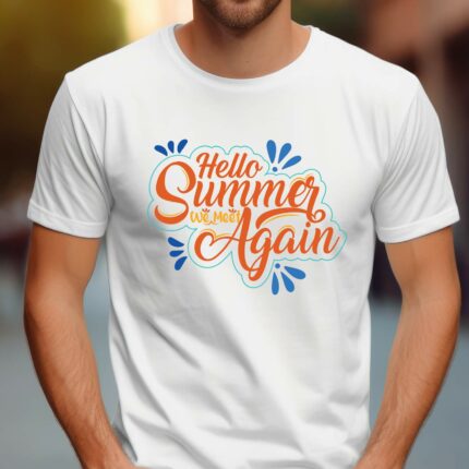 T-Shirt Sommer Spruch Hello summer we meet again Damen Herren - Weiß