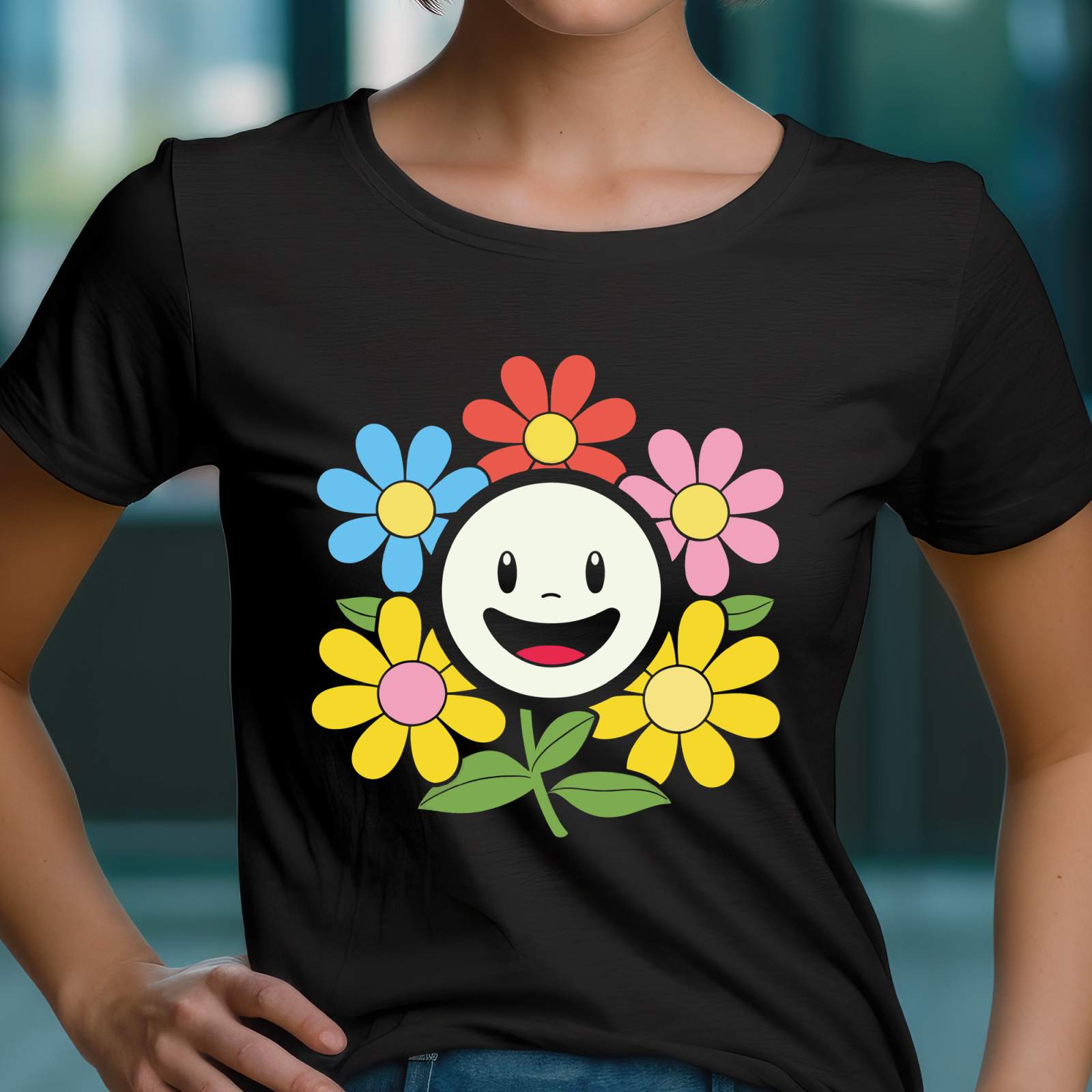 T-Shirt Smiley Blume Happy Art Damen/Herren - Schwarz