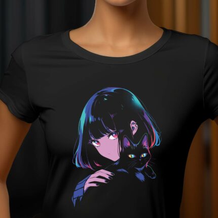 T-Shirt Anime Mädchen mit Katze Damen/Herren - Schwarz