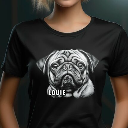 T-Shirt Mops Personalisierbar Name Hund Damen/Herren - Weiß - Modell Louie
