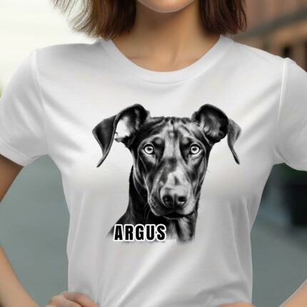 T-Shirt Dobermann Personalisierbares T-Shirt Name Hund Damen/Herren - Weiß - Modell Argus
