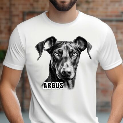 T-Shirt Dobermann Personalisierbares T-Shirt Name Hund Damen/Herren - Weiß - Modell Argus