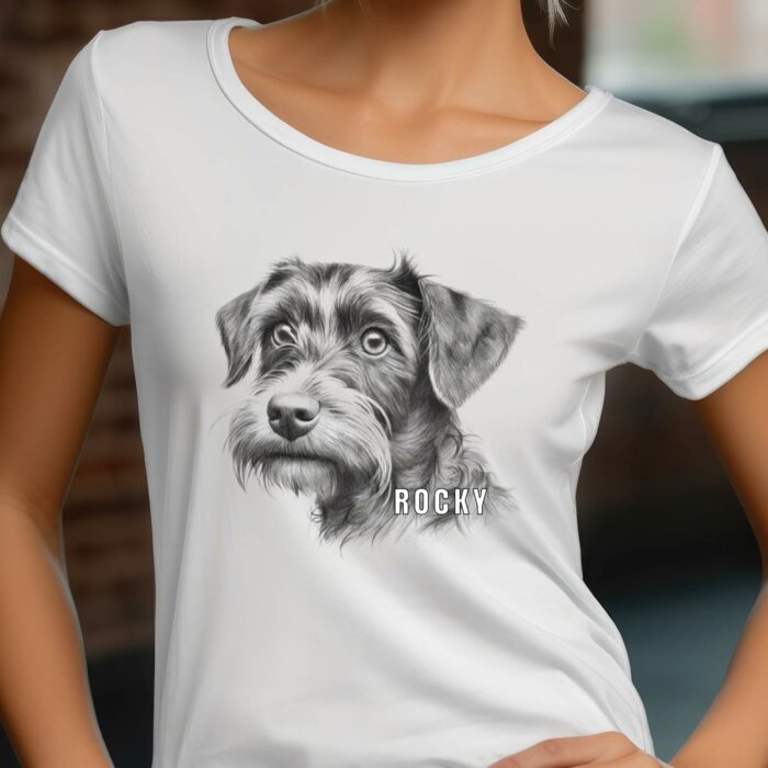 T-Shirt Zwergschnauzer Personalisierbares T-Shirt Name Hund Damen/Herren - Weiß - Modell Rocky