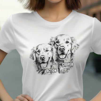 T-Shirt 2 Golden Retriever Personalisierbares T-Shirt Name Hund - Schwarz - Modell Action und Cooper