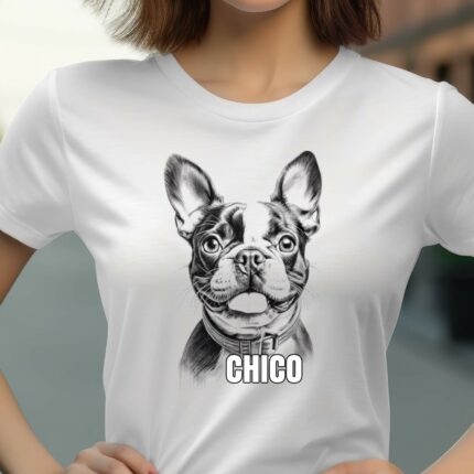 T-Shirt Boston Terrier Personalisierbares T-Shirt Name Hund - Weiß - Modell CHICO