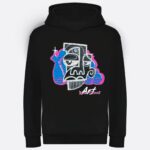 Real Street Art Hoodie Rückseite – Schwarzer Kapuzenpullover mit authentischem Graffiti-Design, gefertigt aus 80% Baumwolle und 20% recyceltem Polyester, 300 g/m², ideal für Streetwear und urbane Mode