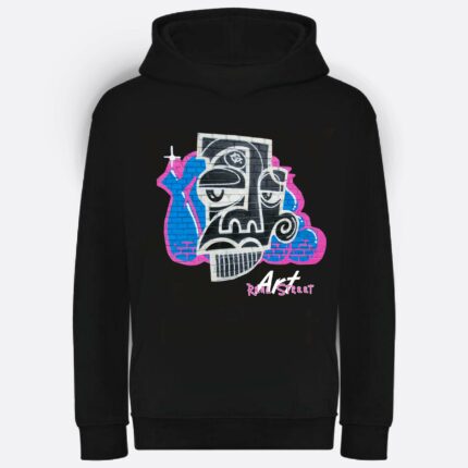 Real Street Art Hoodie Rückseite – Schwarzer Kapuzenpullover mit authentischem Graffiti-Design, gefertigt aus 80% Baumwolle und 20% recyceltem Polyester, 300 g/m², ideal für Streetwear und urbane Mode