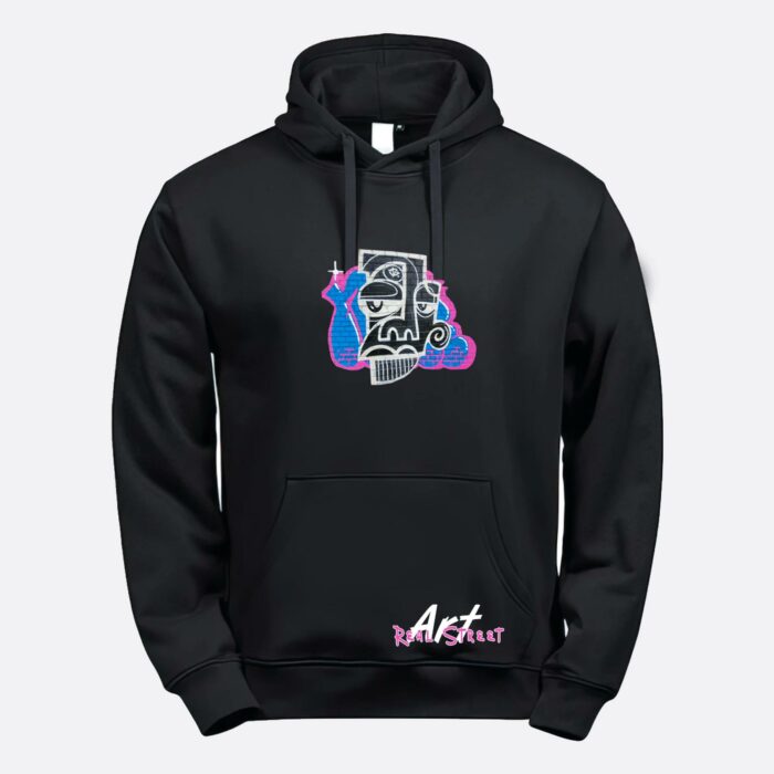 Real Street Art Hoodie Vorderseite – Hochwertiger Hoodie mit echtem Graffiti-Design, 80% Baumwolle, 300 g/m², urbaner Stil, schwarzer Kapuzenpullover für Streetwear-Liebhaber