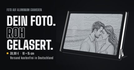 Fotogravur auf Metall: gelasertes Foto auf Aluminium im schwarzen Rahmen mit Steckfüßen, 10 × 15 cm
